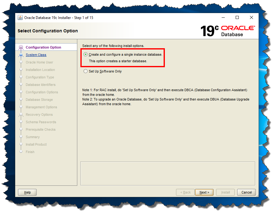 Oracle Database 19c - Screen 1 Configuration Option