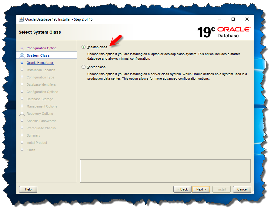 Oracle Database 19c - Screen 2: Select System Class.