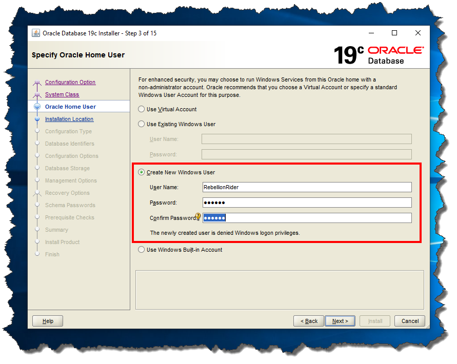 Oracle 19c Screen 3: Specify Oracle Home User.