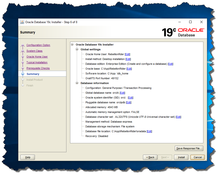 Oracle 19c Screen 6: Summary